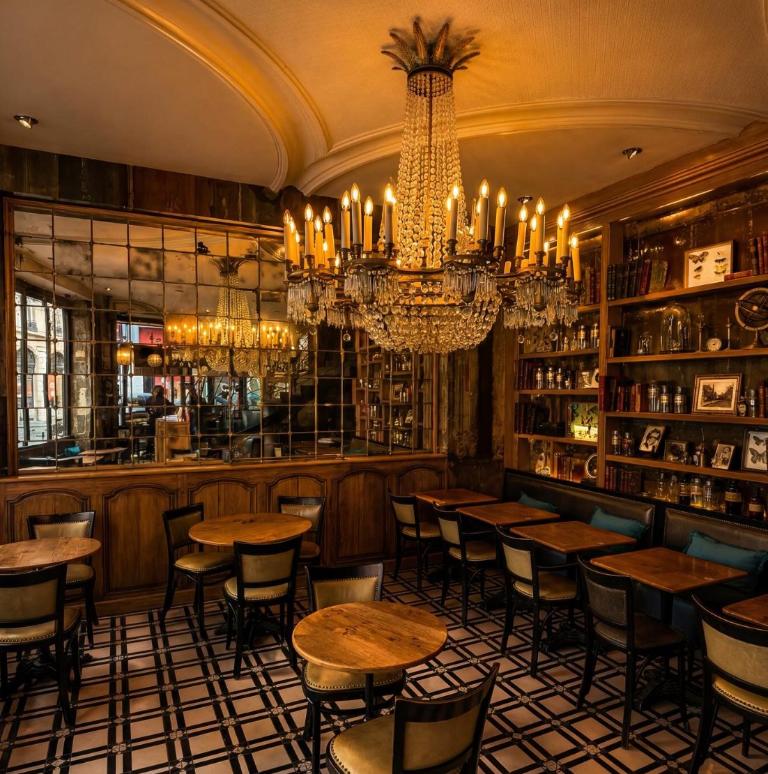 La salle du Café Plume à Paris : lustre à pampilles, miroirs anciens et tables en bois.