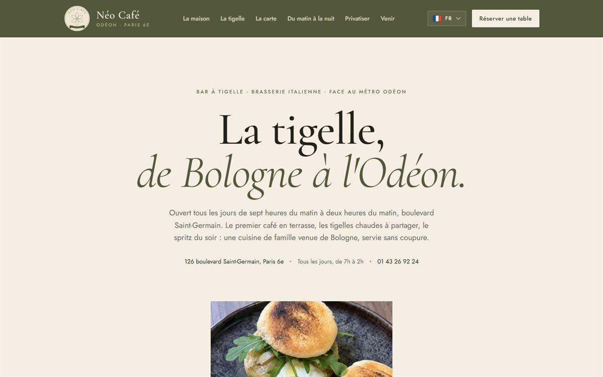 Page d'accueil du site du Néo Café : « La tigelle, de Bologne à l'Odéon »