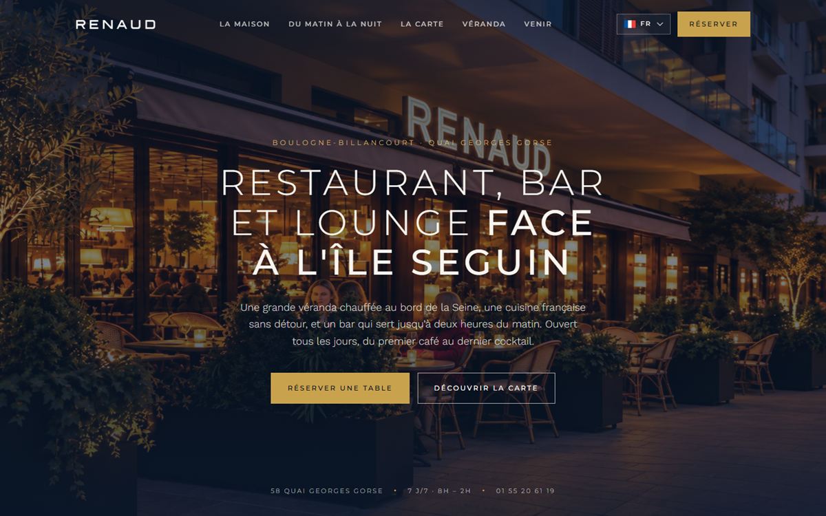 Page d'accueil du site de Renaud : « Restaurant, bar et lounge face à l'île Seguin »